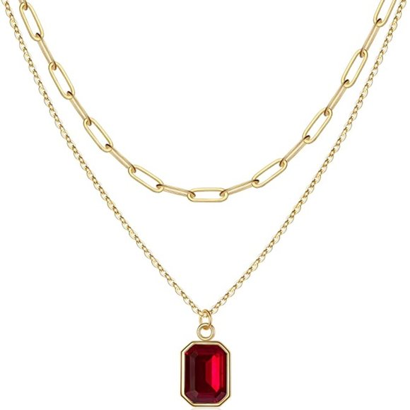Boutique Accessories - Women, Real Gold Plated Birthstone Necklace for Women Layered Paperclip Chain